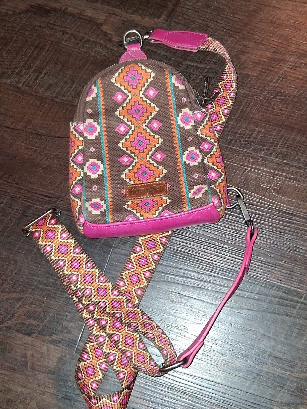 Wrangler Brown Bag with Pink and Orange Embroidered Pattern
